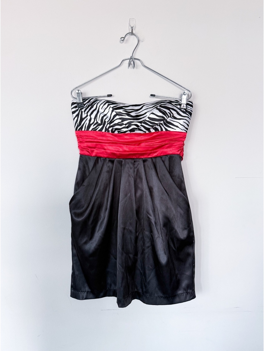Y2K Zebra Print Ruby Rox Strapless Mini Dress Party Pockets Bow Back